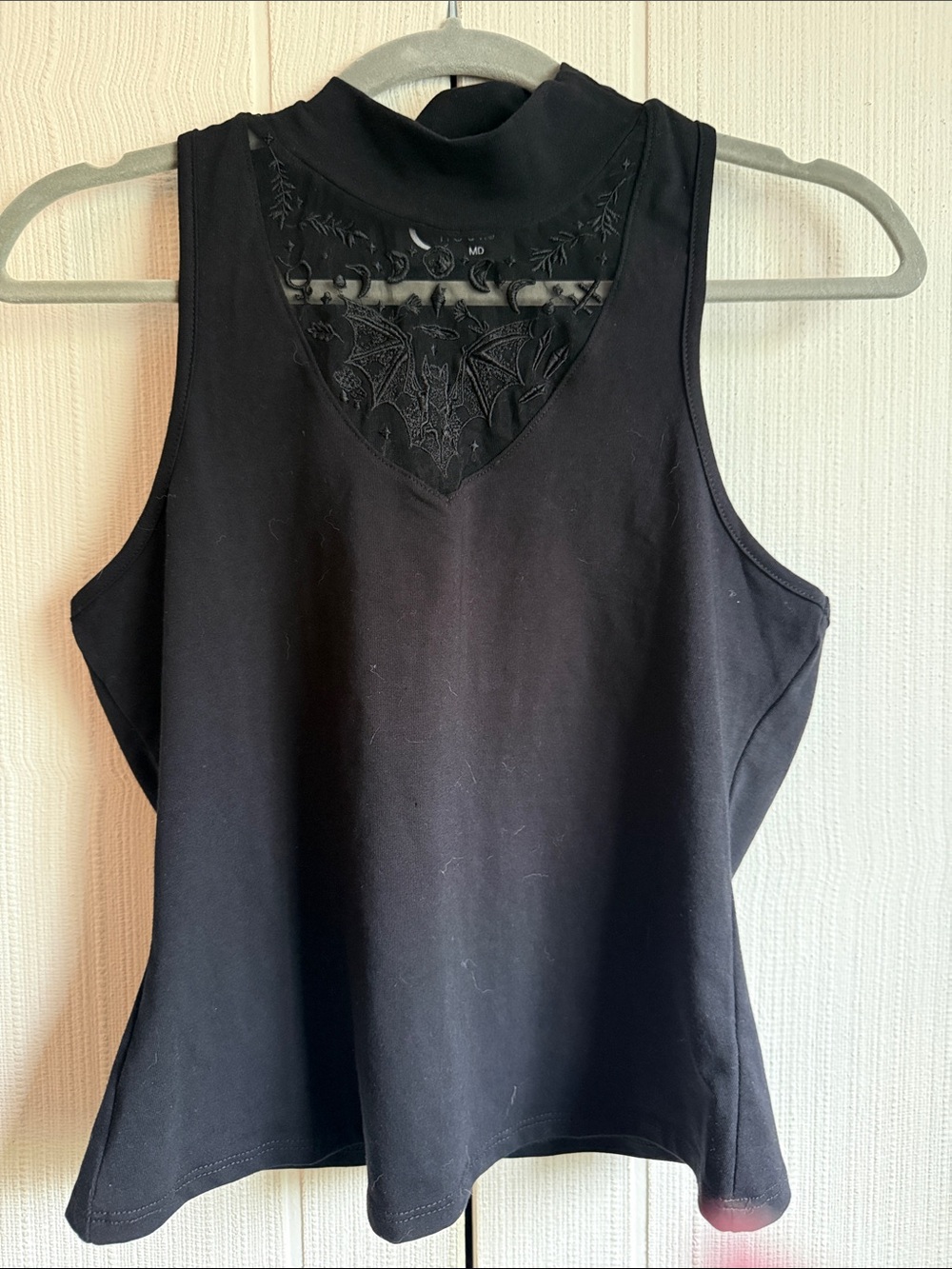 Hot Topic embroidered Bat Sleeveless Mock-Neck Tank Top with Lace Inset